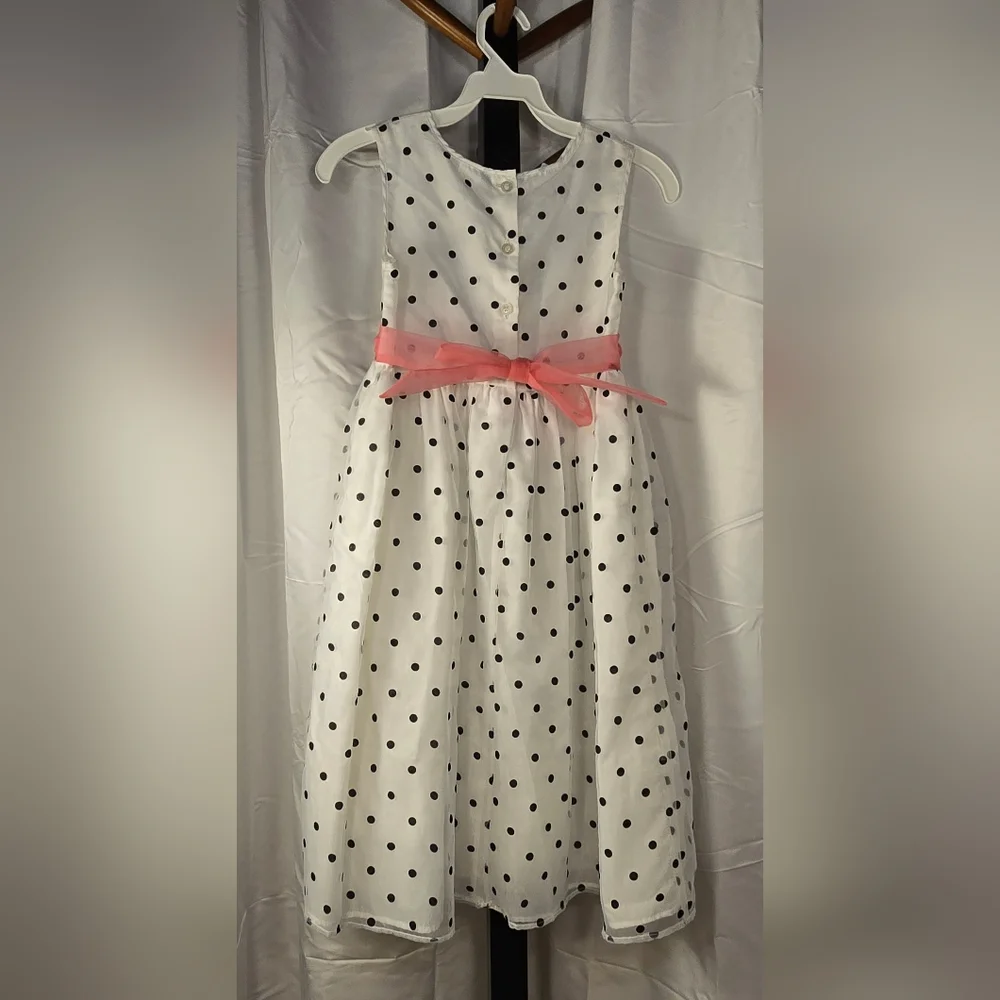 Cute White Polka Dot Kids‎ Spring Or Easter Dress with Pink Sash